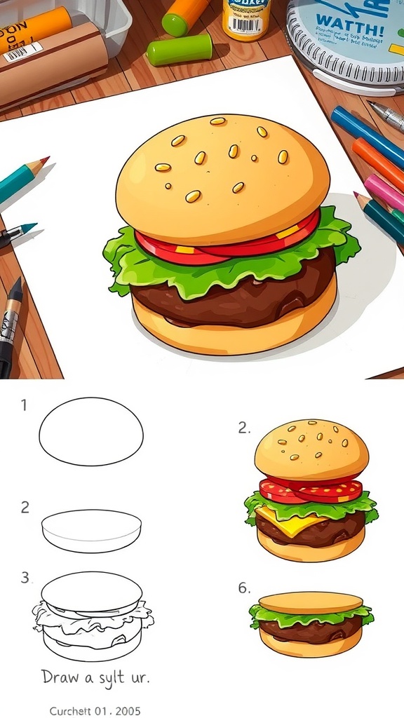 Easy Sketch of a Classic Cheeseburger Step-by-step drawing guide of a cheeseburger with layers, on a wooden table with art supplies.